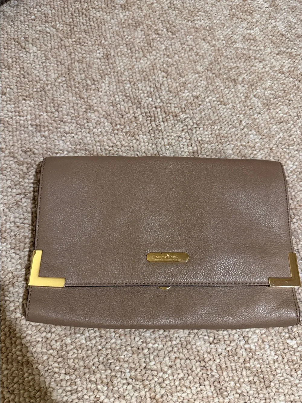 Michael Kors Taupe Leather Fold-Over Clutch with Gold Accents